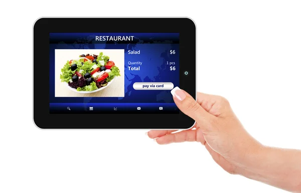 Hand holding tablet with takeaway restaurant order screen — Stock Photo, Image