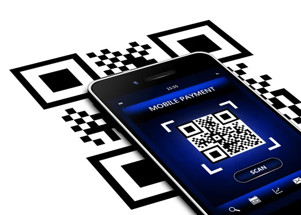 Мобильный телефон с QR кодом экрана изолированы над белым — стоковое фото