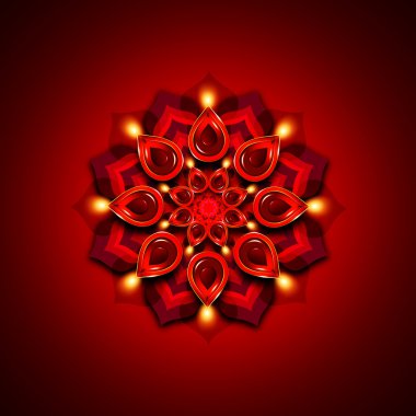 koyu arka plan üzerinde diwali diya öğelerle rangoli