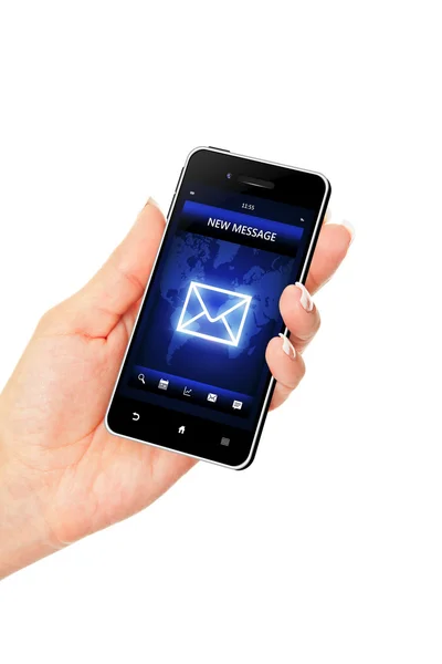 Mão segurando telefone celular com nova tela de mensagem sobre branco — Fotografia de Stock