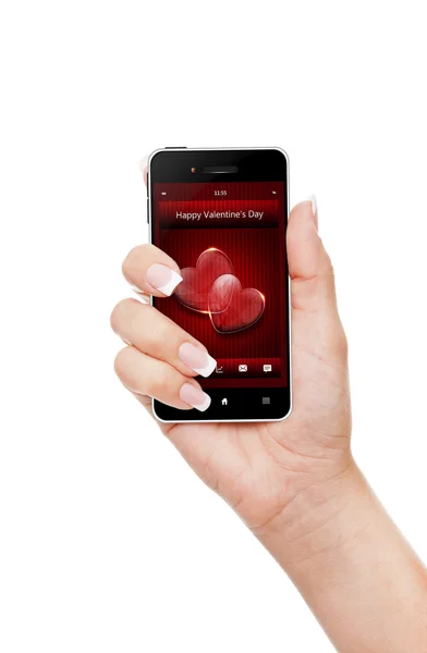 Hand hält Handy mit Valentinstag-Wünschen — Stockfoto