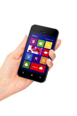 el ile uygulama ekran cep telefonu beyaz üzerinde tutarak
