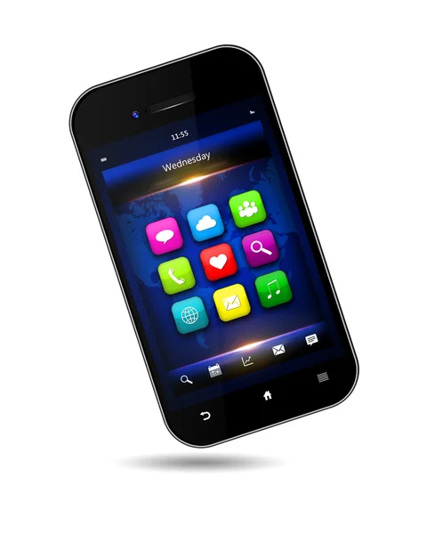 Teléfono móvil con aplicaciones en pantalla sobre blanco —  Fotos de Stock