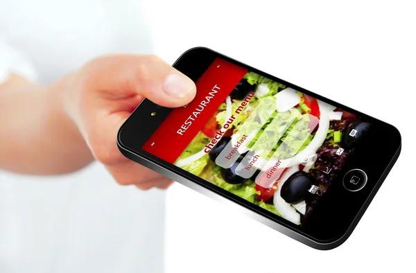 Mobile phone with takeaway restaurant order screen isolated over — Stock Photo, Image