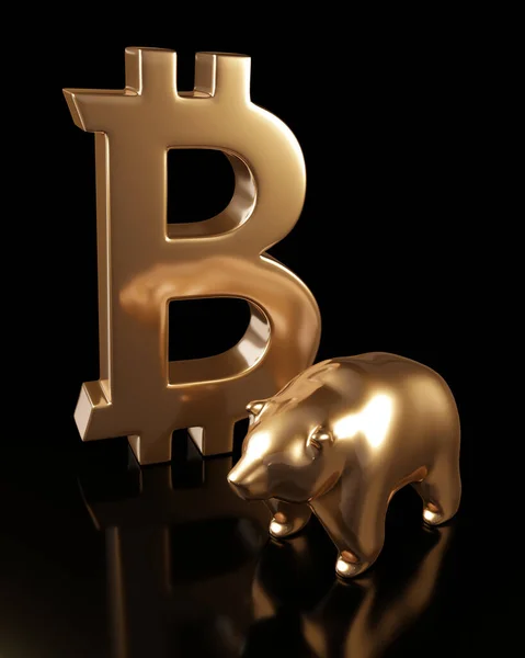 Render Bitcoin Szimbólum Medve Felett Sötét Bitcoin Hordozható Piaci Koncepció Stock Kép