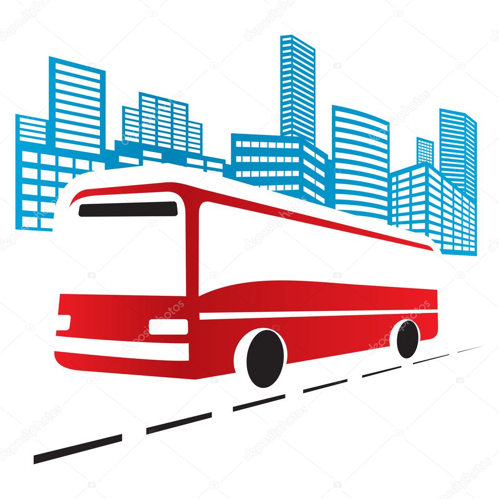 Illustration of red bus in the city
