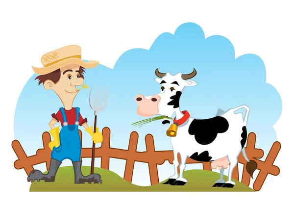 Agricultor y vaca — Vector de stock