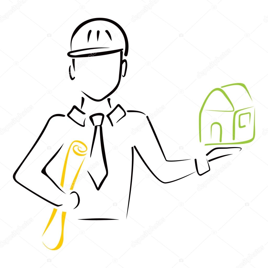Architect with blueprints and model of new house