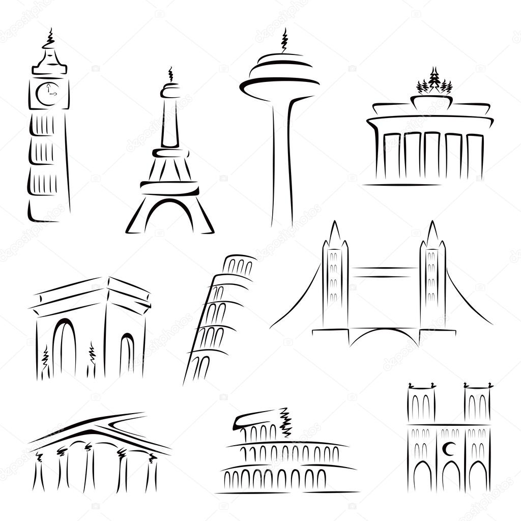 Set of world most famous landmarks at sketch