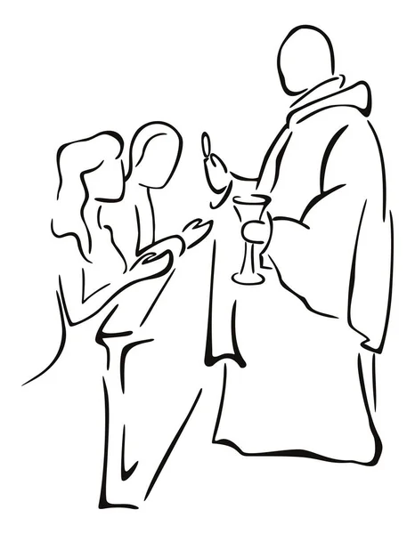 Prêtre Donne Première Communion Aux Fidèles Agenouillés — Image vectorielle