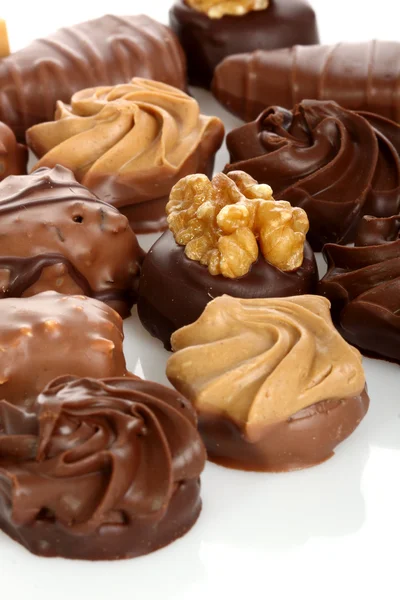 Delicious chocolate pralines isolated on white background — Stock Photo, Image