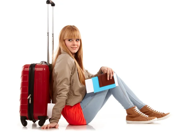 Young girl with suitcase on white — Stock Photo, Image