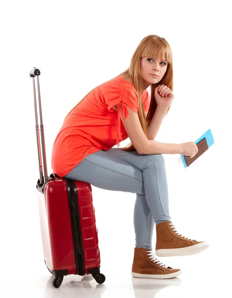 Young girl with suitcase on white — Stock Photo, Image