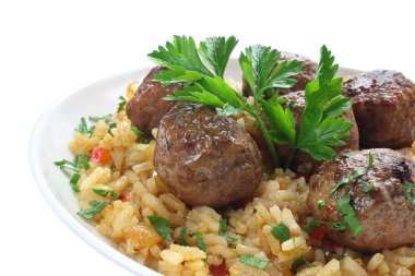 Kızarmış domuz eti köfte pirinç