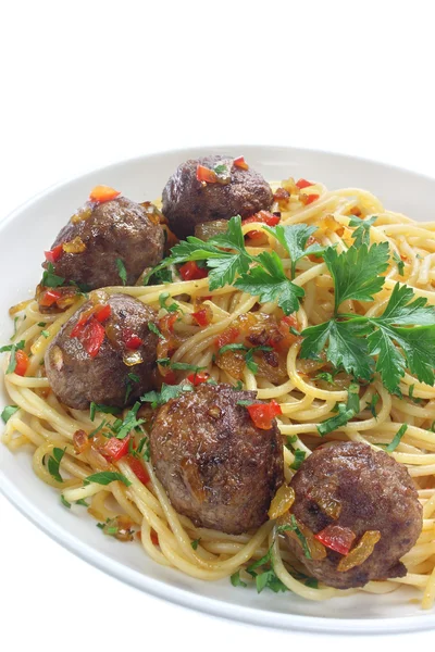 Fried pork meatballs with pasta — Stock Photo, Image