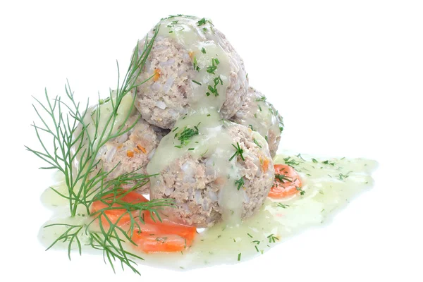 Meatballs of pork and rice with dill sauce — Stock Photo, Image