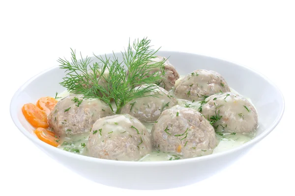 Meatballs of pork and rice with dill sauce — Stock Photo, Image