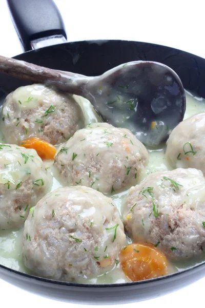 Meatballs of pork and rice with dill sauce — Stock Photo, Image