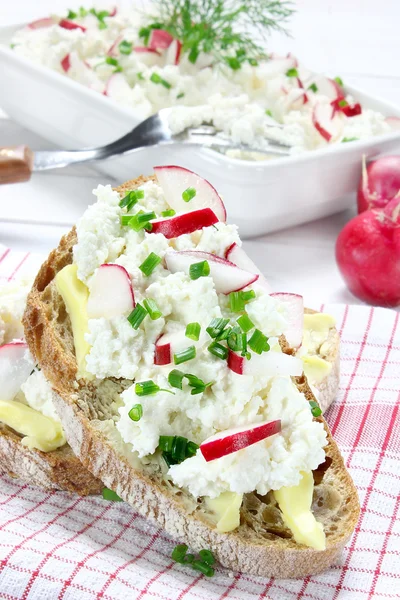 Pan con mantequilla, requesón, rábano y cebollino — Foto de Stock