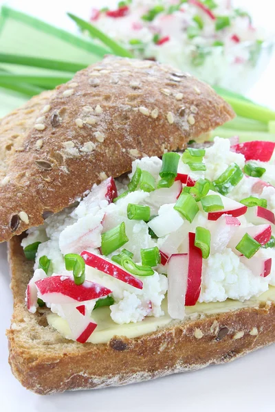 Bread roll with cottage cheese,radish and chives — Stock Photo, Image