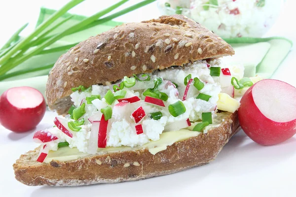 Bread roll with cottage cheese,radish and chives — Stock Photo, Image