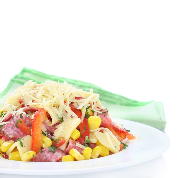 Salad with salami, cheese, paprika and sweet corn — Stock Photo, Image