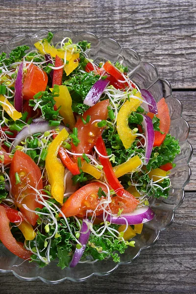 Kıvırcık lahana, kırmızı biber, domates, brokoli filizi ve soğan salatası — Stok fotoğraf