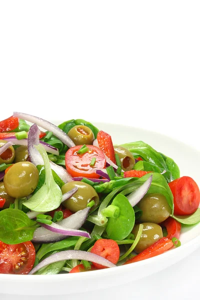 Salada de alface de cordeiro, azeitonas, páprica, tomate e cebola — Fotografia de Stock