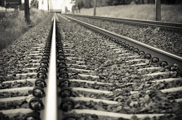 Detail of Railway railroad tracks for trains — Stock Photo, Image