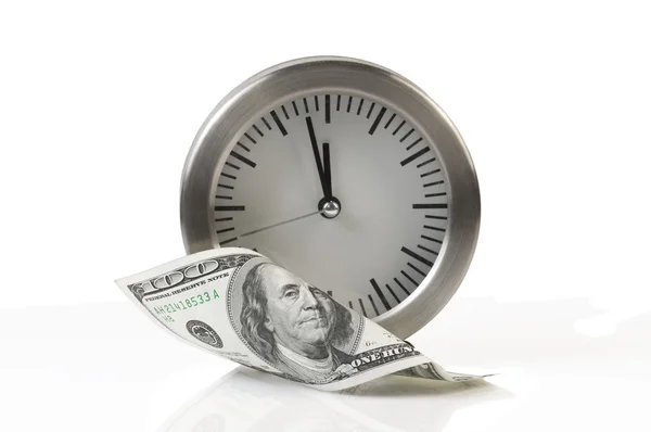 Time is money klok en dollars op witte achtergrond — Stockfoto