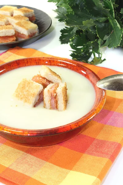 Crema fresca de sopa de apio con croutons de salmón — Foto de Stock