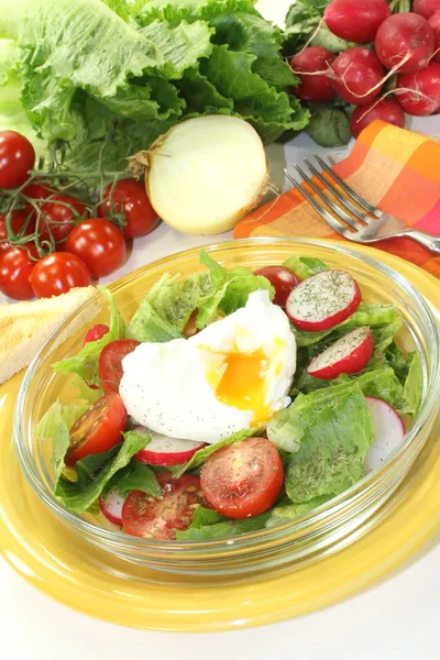 Sallad med pocherat ägg och tomater — Stockfoto