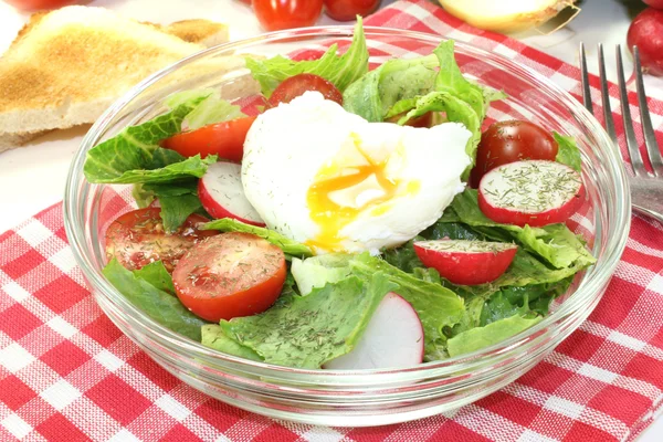 Salat mit pochiertem Ei, Tomaten und Radieschen — Stockfoto