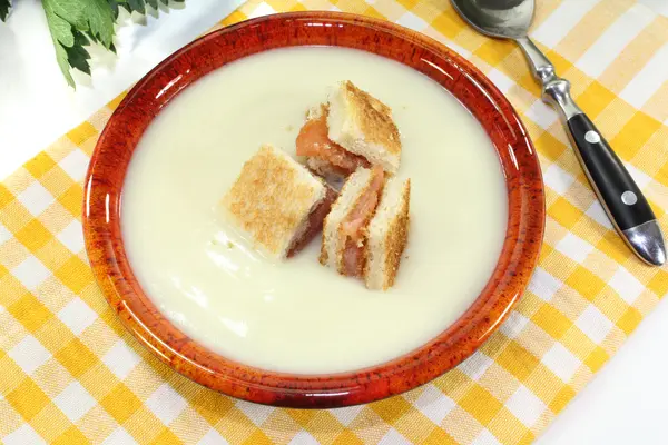 奶油三文鱼烤面包片与芹菜汤 — 图库照片