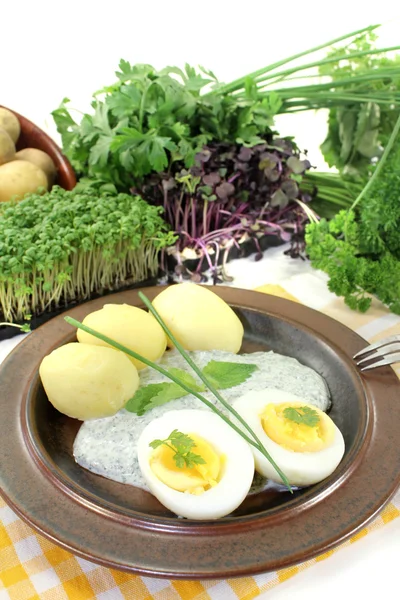 계란과 함께 프랑크푸르트 녹색 소스 — 스톡 사진