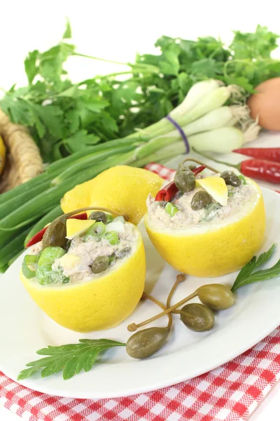 Stuffed Lemons with tuna cream, capers and eggs — Stock Photo, Image