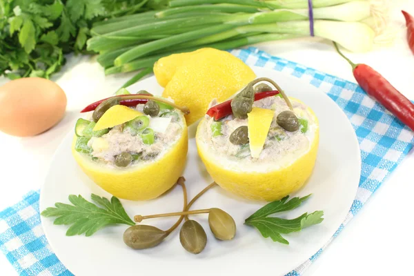 Stuffed Lemons with tuna cream, capers and eggs — Stock Photo, Image