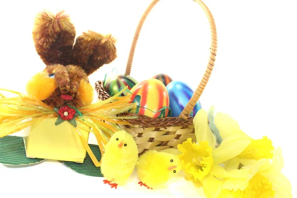 Cesta de Pascua con pollito y conejo —  Fotos de Stock