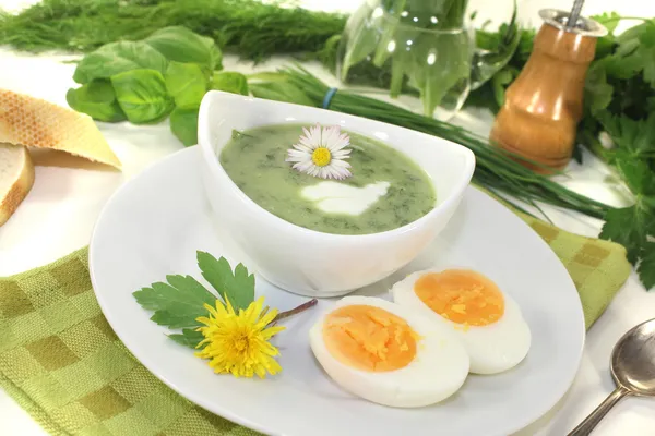 Herbs soup with eggs, a dollop of cream — Stock Photo, Image