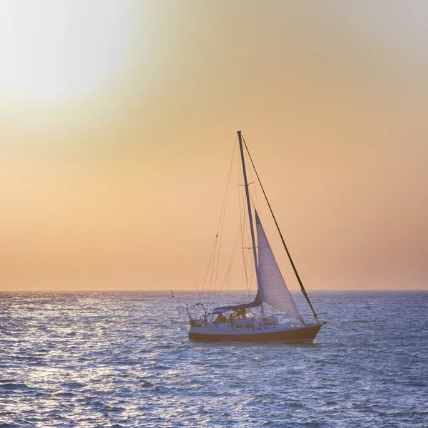 Velero contra puesta de sol en el mar — Foto de Stock