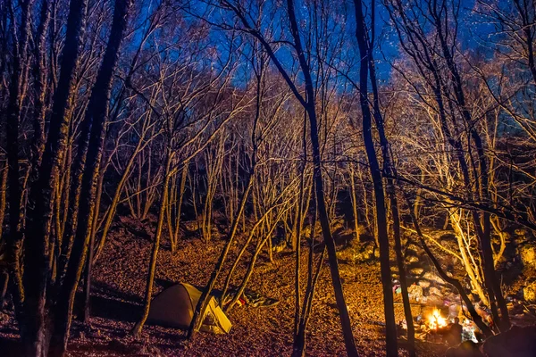 キャンプファイヤーの光で照らされてテント — ストック写真