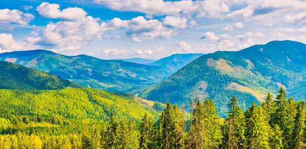 青い山と緑の丘のパノラマ 自然景観 — ストック写真