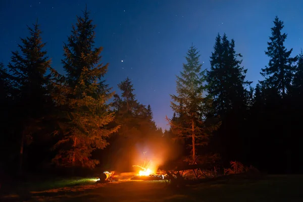 Bonfire Night Forest People Fire Night Dark Sky Stars — Stock Photo, Image