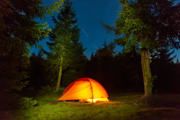 Karanlık Gece Ormanlarında Gece Gökyüzü Yıldızlarla Aydınlatılmış Turuncu Bir Çadır — Stok fotoğraf