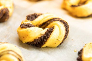 Ekmek fırınındaki çiğ çörekler fırına hazır.