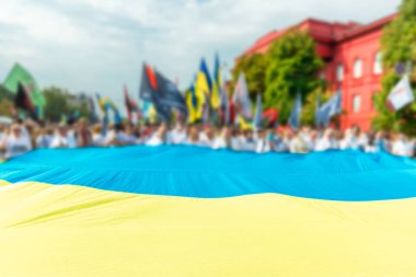 Kiev Kyiv Ukrayna 'da Ukrayna bayrağı taşıyan insanlar