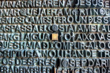 BARCELONA, SPAIN - 27 Mayıs 2016: Sagrada Familia kapısının üzerinde İsa 'nın adı yazılı sihirli sayılar karesi