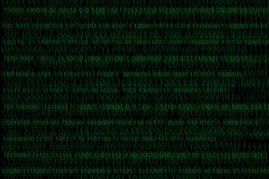 Yeşil matris arkaplanı üzerinde dijital akış ikili kod verisi