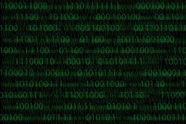 Yeşil matris arkaplanı üzerinde dijital akış ikili kod verisi