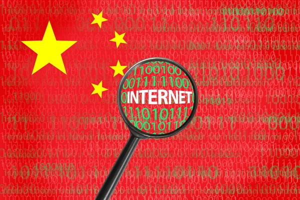 China internet concept over hacker cyber attack. Chinese flag with internet matrix binary data through magnifying glass